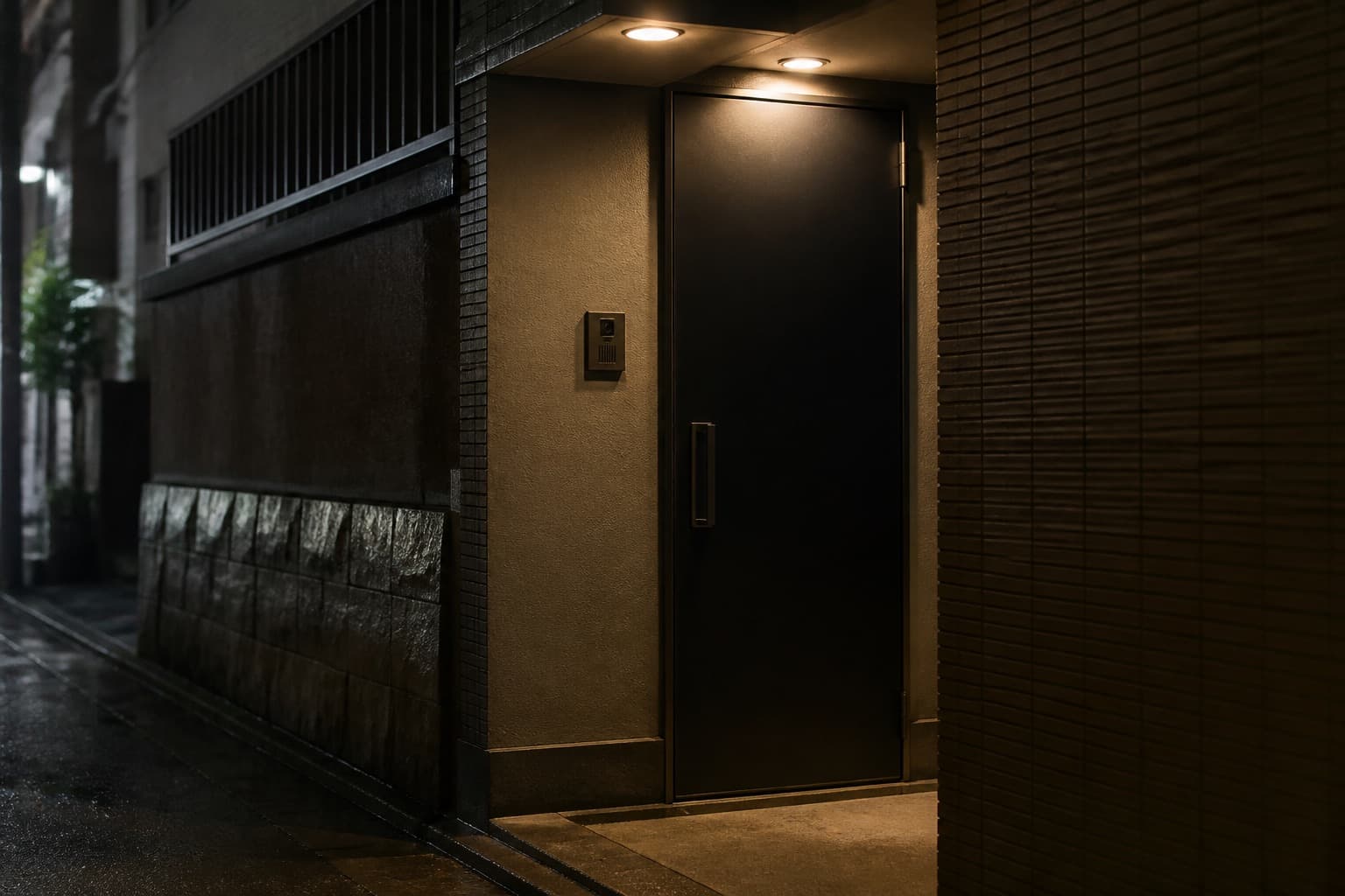 夜の雑居ビルの静かな入口とインターホン