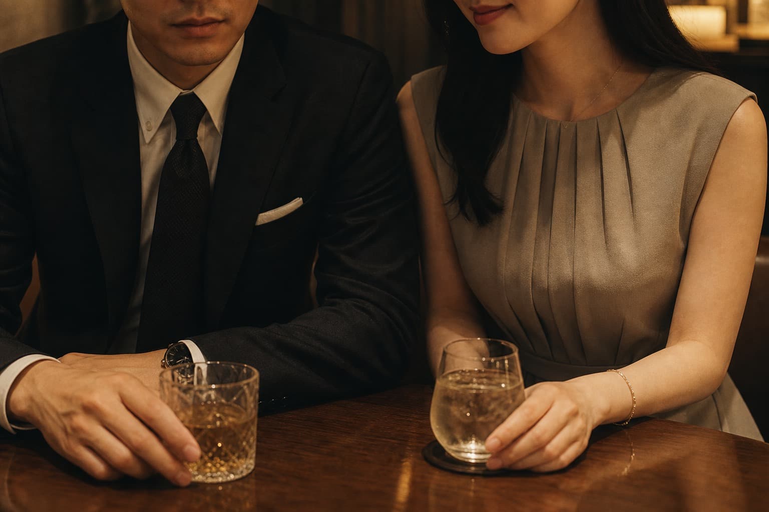 テーブル席でグラスを手にするスーツとドレスのカップル
